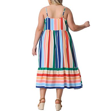 Women's Plus Size Striped Midi Cami Sundress with Adjustable Straps