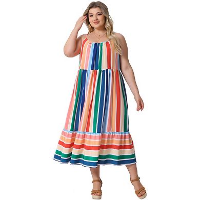 Women's Plus Size Striped Midi Cami Sundress with Adjustable Straps
