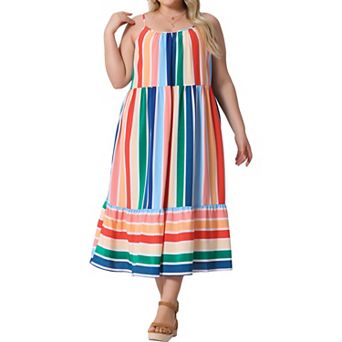 Women's Plus Size Striped Midi Cami Sundress with Adjustable Straps