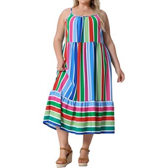 Women's Plus Size Striped Midi Cami Sundress with Adjustable Straps