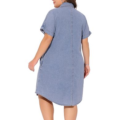 Plus Size Denim Dress for Women Short Sleeve Button Down with Pockets Midi Jean Denim Shirt Dresses