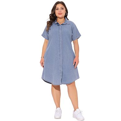Plus Size Denim Dress for Women Short Sleeve Button Down with Pockets Midi Jean Denim Shirt Dresses