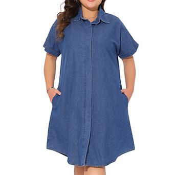 Plus Size Denim Dress for Women Short Sleeve Button Down with Pockets Midi Jean Denim Shirt Dresses