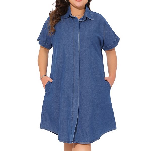Plus Size Half Sleeve Button Lapel Denim Dress