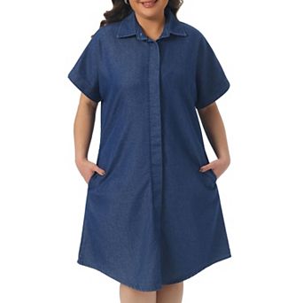 Plus Size Denim Dress for Women Short Sleeve Button Down with Pockets Midi Jean Denim Shirt Dresses
