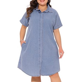 Plus Size Denim Dress for Women Short Sleeve Button Down with Pockets Midi Jean Denim Shirt Dresses