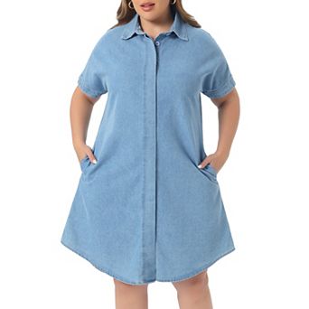 Plus Size Denim Dress for Women Short Sleeve Button Down with Pockets Midi Jean Denim Shirt Dresses