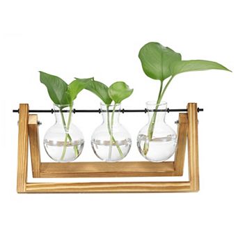Retro Desktop Plant Terrarium 11.8x5.7inch, Metal Swivel Holder with Wooden Tray 3 Bulb Flower Vase