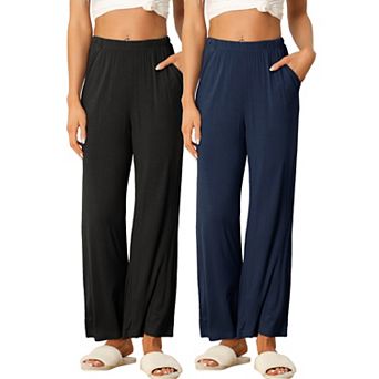 Women's Cotton Elastic Waist Wide Leg Straight Leg Sleep Pants 2 pc