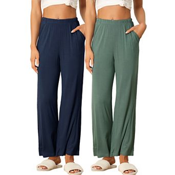 Women's Cotton Elastic Waist Wide Leg Straight Leg Sleep Pants 2 pc
