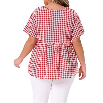 Women's Plus Size Gingham V-Neck Peplum Babydoll Tops with Button Detail