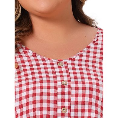 Women's Plus Size Gingham V-Neck Peplum Babydoll Tops with Button Detail