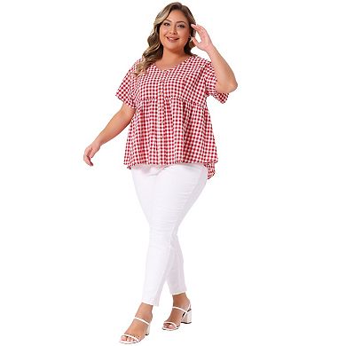 Women's Plus Size Gingham V-Neck Peplum Babydoll Tops with Button Detail