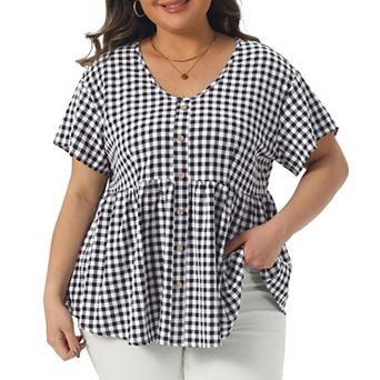 Women's Plus Size Gingham V-Neck Peplum Babydoll Tops with Button Detail