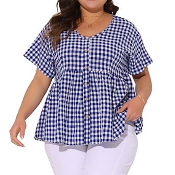 Women's Plus Size Gingham V-Neck Peplum Babydoll Tops with Button Detail