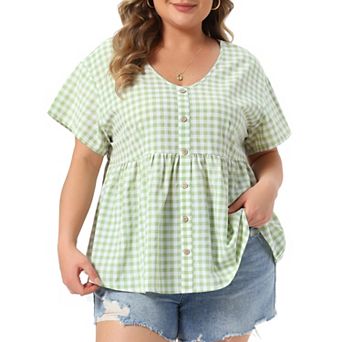 Women's Plus Size Gingham V-Neck Peplum Babydoll Tops with Button Detail