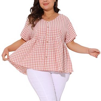 Women's Plus Size Gingham V-Neck Peplum Babydoll Tops with Button Detail