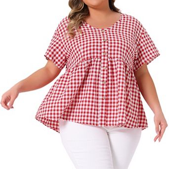 Women's Plus Size Gingham V-Neck Peplum Babydoll Tops with Button Detail