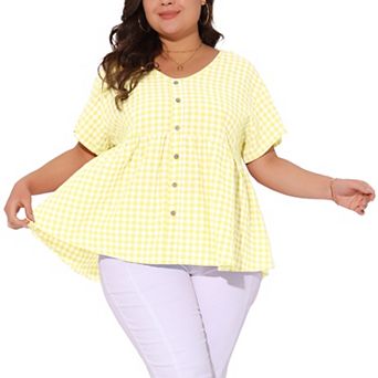 Women's Plus Size Gingham V-Neck Peplum Babydoll Tops with Button Detail