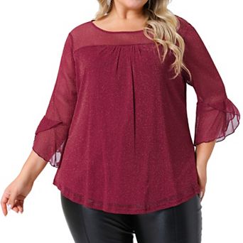 Women's Plus Size Dressy Glitter Sheer Ruffle 3/4 Sleeve Pleated Tunic Top