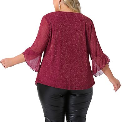 Women's Plus Size Dressy Glitter Sheer Ruffle 3/4 Sleeve Pleated Tunic Top