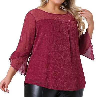 Women's Plus Size Dressy Glitter Sheer Ruffle 3/4 Sleeve Pleated Tunic Top