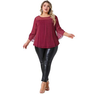 Women's Plus Size Dressy Glitter Sheer Ruffle 3/4 Sleeve Pleated Tunic Top
