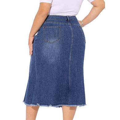 Women's Plus Size Denim Skirts Vintage High Waist A Line Fishtail Midi Jean Skirt with Pockets