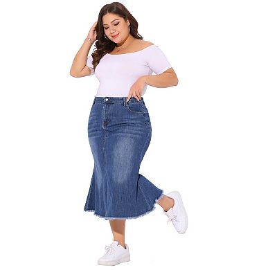 Women's Plus Size Denim Skirts Vintage High Waist A Line Fishtail Midi Jean Skirt with Pockets