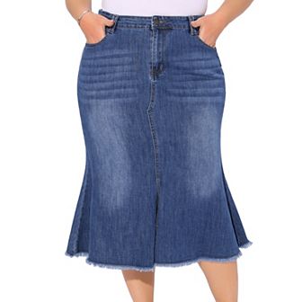 Women's Plus Size Denim Skirts Vintage High Waist A Line Fishtail Midi Jean Skirt with Pockets