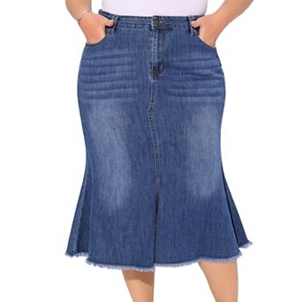Women's Plus Size Denim Skirts Vintage High Waist A Line Fishtail Midi Jean Skirt with Pockets