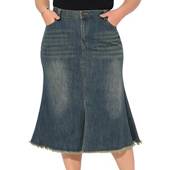 Women's Plus Size Denim Skirts Vintage High Waist A Line Fishtail Midi Jean Skirt with Pockets