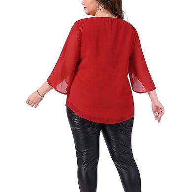Plus Size Blouses for Women Flutter Petal Half 3/4 Sleeve Chiffon Top Loose Flowy Shirt