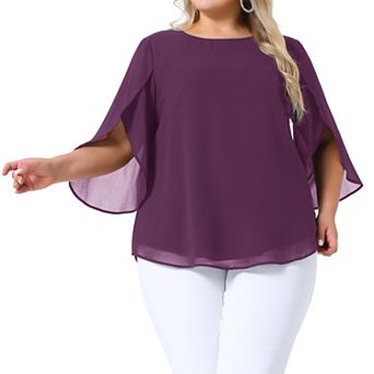 Plus Size Blouses for Women Flutter Petal Half 3/4 Sleeve Chiffon Top Loose Flowy Shirt