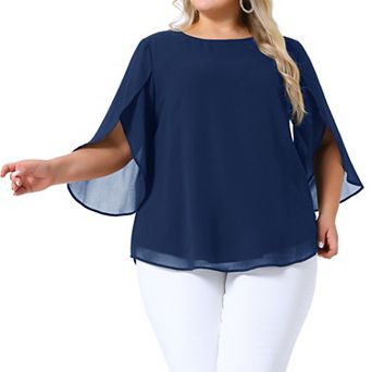 Plus Size Blouses for Women Flutter Petal Half 3/4 Sleeve Chiffon Top Loose Flowy Shirt