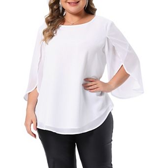 Plus Size Blouses for Women Flutter Petal Half 3/4 Sleeve Chiffon Top Loose Flowy Shirt