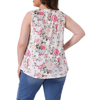 Plus Size Boho Tops for Women Round Neck Pleated Sleeveless Curved Hem Flowy Tank Tops Blouses