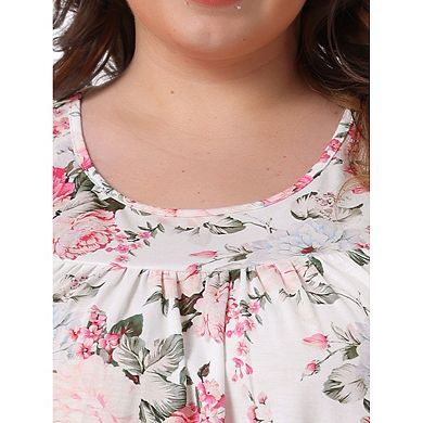 Plus Size Boho Tops for Women Round Neck Pleated Sleeveless Curved Hem Flowy Tank Tops Blouses