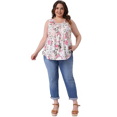 Plus Size Boho Tops for Women Round Neck Pleated Sleeveless Curved Hem Flowy Tank Tops Blouses