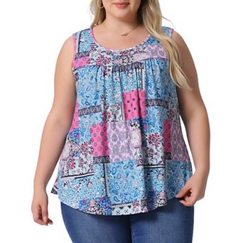 Plus Size Boho Tops for Women Round Neck Pleated Sleeveless Curved Hem Flowy Tank Tops Blouses