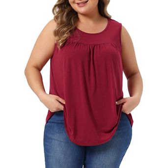 Plus Size Boho Tops for Women Round Neck Pleated Sleeveless Curved Hem Flowy Tank Tops Blouses