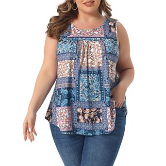 Plus Size Boho Tops for Women Round Neck Pleated Sleeveless Curved Hem Flowy Tank Tops Blouses