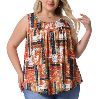 Plus Size Boho Tops for Women Round Neck Pleated Sleeveless Curved Hem Flowy Tank Tops Blouses