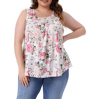 Plus Size Boho Tops for Women Round Neck Pleated Sleeveless Curved Hem Flowy Tank Tops Blouses