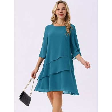 Women's Round Neck Semi Sheer 3/4 Bell Sleeve Asymmetrical Layered Tiered Chiffon Midi Dress