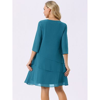 Women's Round Neck Semi Sheer 3/4 Bell Sleeve Asymmetrical Layered Tiered Chiffon Midi Dress