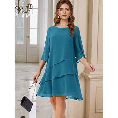 Women's Round Neck Semi Sheer 3/4 Bell Sleeve Asymmetrical Layered Tiered Chiffon Midi Dress