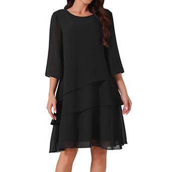 Women's Round Neck Semi Sheer 3/4 Bell Sleeve Asymmetrical Layered Tiered Chiffon Midi Dress