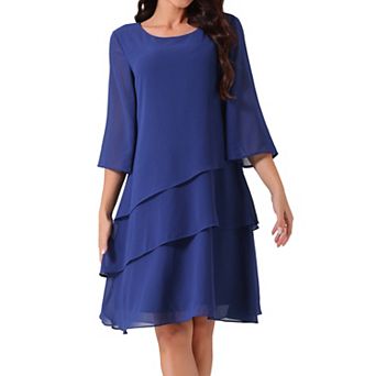 Women's Round Neck Semi Sheer 3/4 Bell Sleeve Asymmetrical Layered Tiered Chiffon Midi Dress