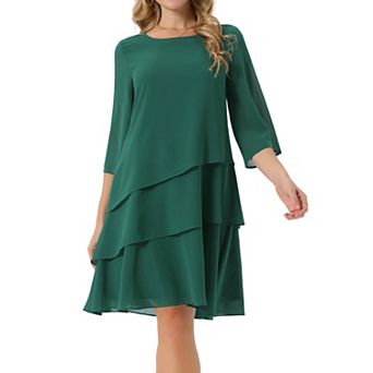 Women's Round Neck Semi Sheer 3/4 Bell Sleeve Asymmetrical Layered Tiered Chiffon Midi Dress